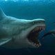 Representación artística de un megalodón persiguiendo orcas